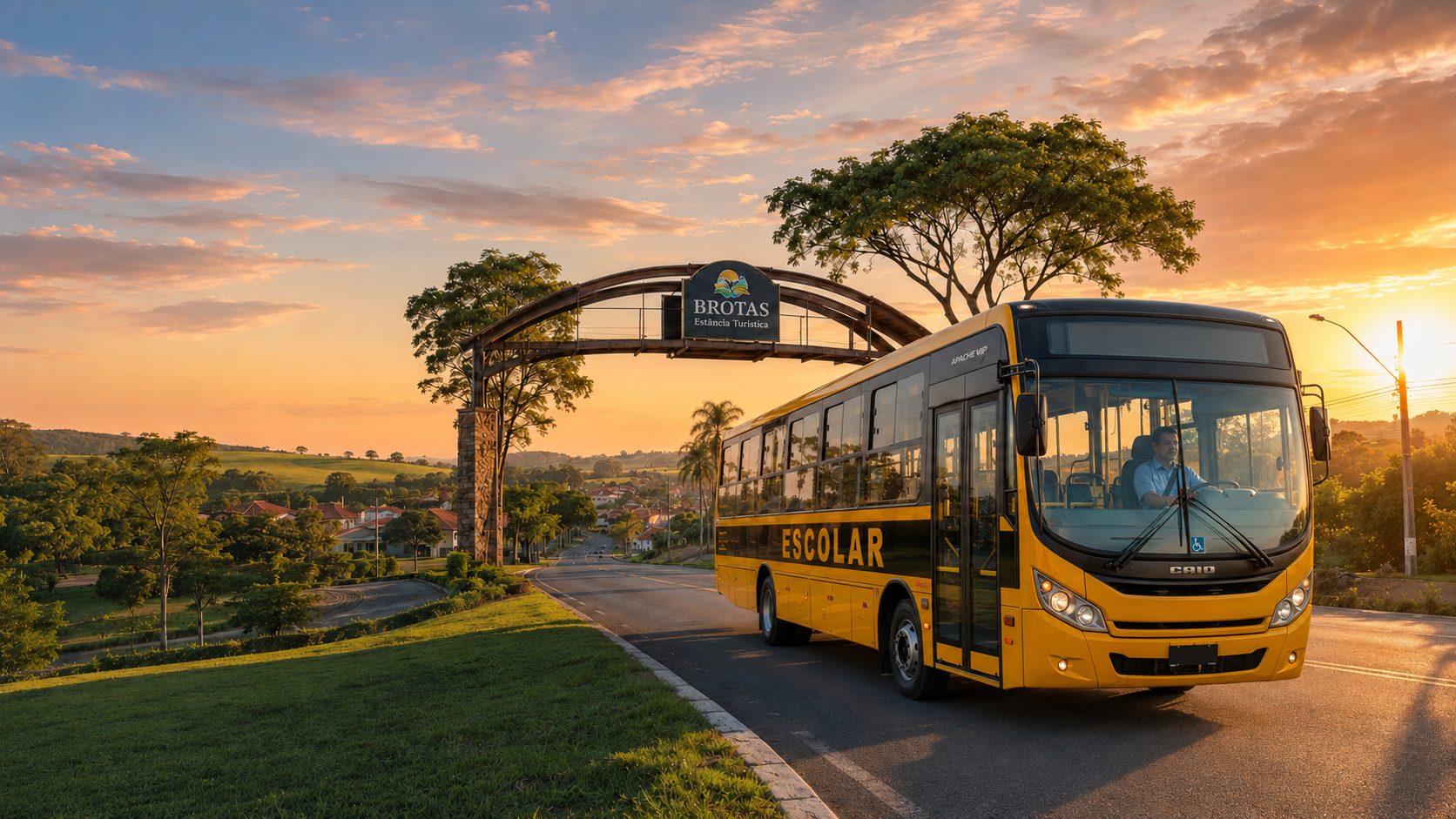 Ônibus escolar inteiro no portal de entrada da Cidade de Brotas